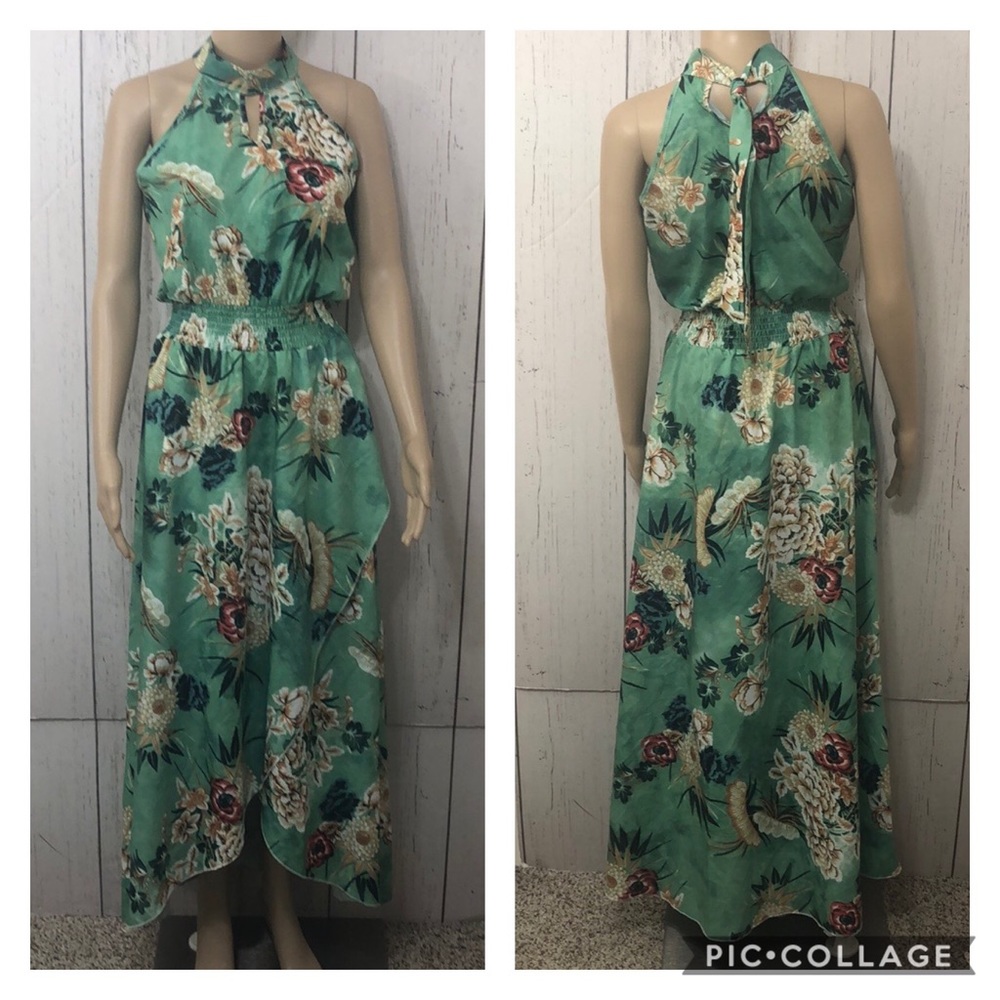 Boutique Green Floral Print Asymmetrical Hem Dress